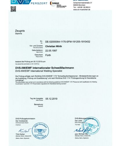 Zertifikat Schweißfachmann DVS